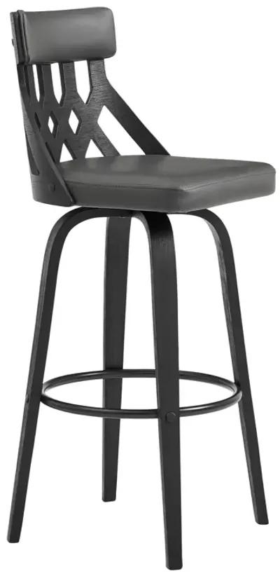 Crux 30" Swivel Bar Stool in Gray Faux Leather and Black Wood