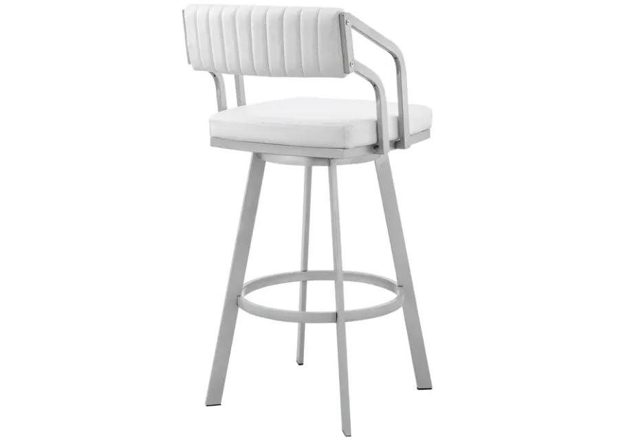 Capri 26" Swivel White Faux Leather and Silver Metal Bar Stool