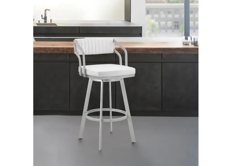 Capri 26" Swivel White Faux Leather and Silver Metal Bar Stool