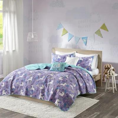 Urban Habitat Kids Lola Purple Unicorn Reversible Cotton  Quilt Set with Throw Pillows