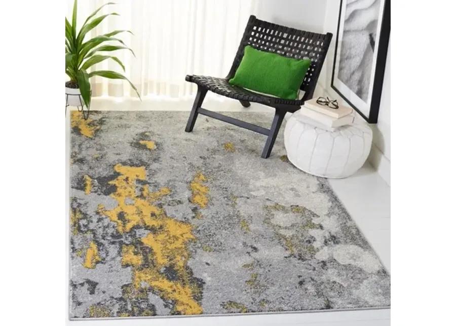 Adirondack Contemporary Grey / Yellow 4' X 4' Round Powerloomed Rug