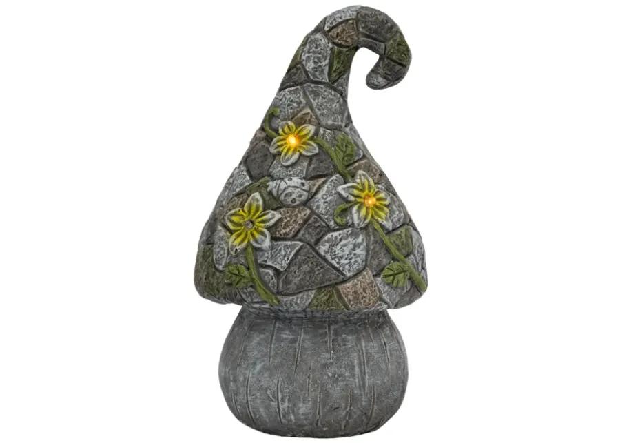 14" Mushroom Statue With Solar Flowers, Grey Multi