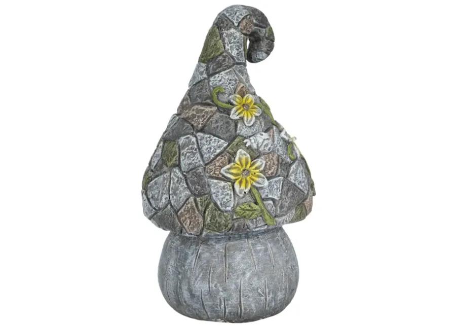 14" Mushroom Statue With Solar Flowers, Grey Multi