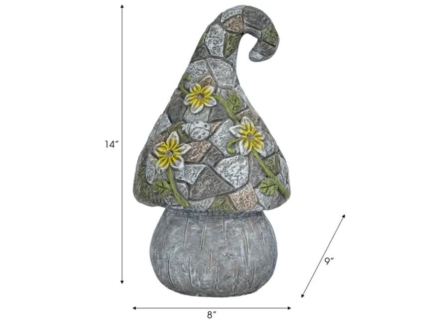 14" Mushroom Statue With Solar Flowers, Grey Multi