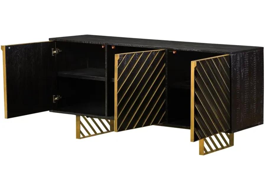 Monaco Rectangular Black Wood Sideboard with Antique Brass Accent