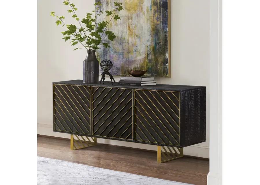 Monaco Rectangular Black Wood Sideboard with Antique Brass Accent