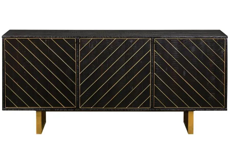 Monaco Rectangular Black Wood Sideboard with Antique Brass Accent