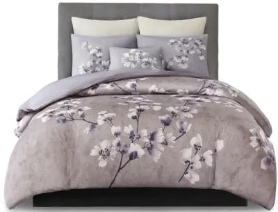 N Natori Sakura Blossom Lilac 3 Piece Cotton Sateen Printed Duvet Cover Set