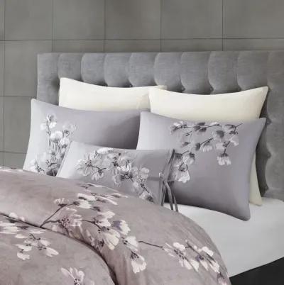 N Natori Sakura Blossom Lilac 3 Piece Cotton Sateen Printed Duvet Cover Set