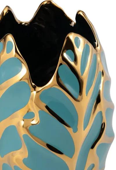 Ceramic 8"h Leaf Vase, Turquoise/gold