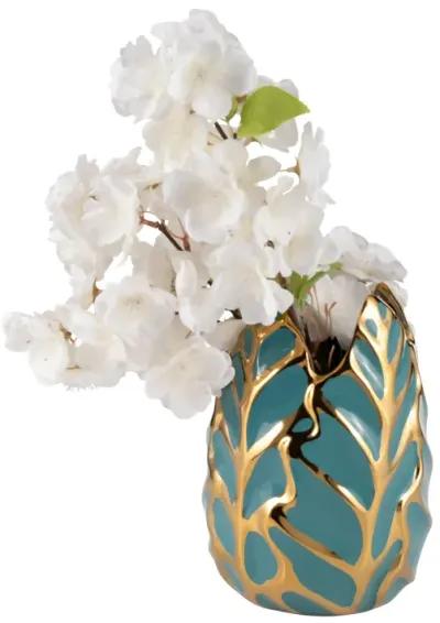 Ceramic 8"h Leaf Vase, Turquoise/gold