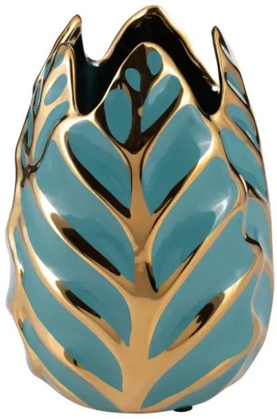 Ceramic 8"h Leaf Vase, Turquoise/gold