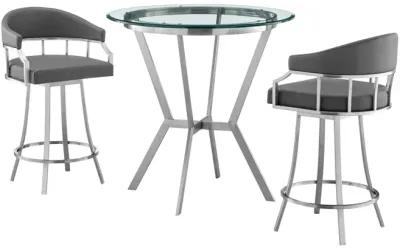 Naomi and Valerie 3-Piece Counter Height Dining Set in Brushed Stainless Steel and Grey Faux Leather