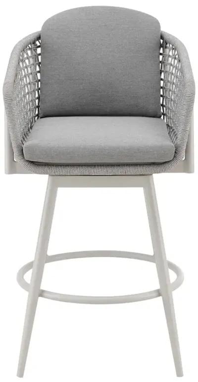 Rhodes Outdoor Patio Swivel Counter Stool in Aluminum with Light Gray Rope and Cushions