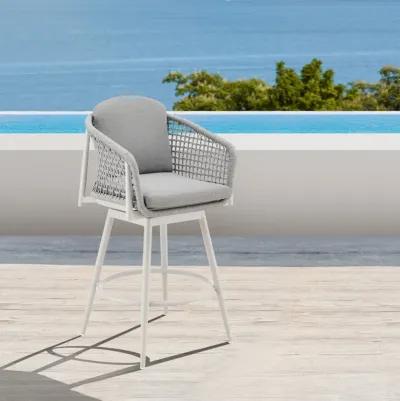 Rhodes Outdoor Patio Swivel Counter Stool in Aluminum with Light Gray Rope and Cushions