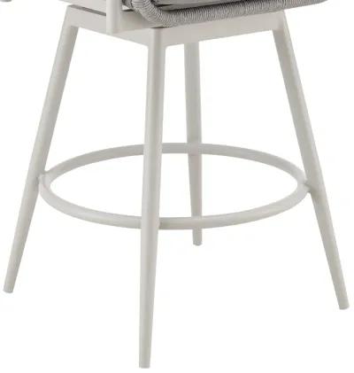 Rhodes Outdoor Patio Swivel Counter Stool in Aluminum with Light Gray Rope and Cushions