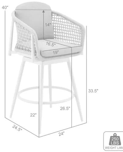 Rhodes Outdoor Patio Swivel Counter Stool in Aluminum with Light Gray Rope and Cushions