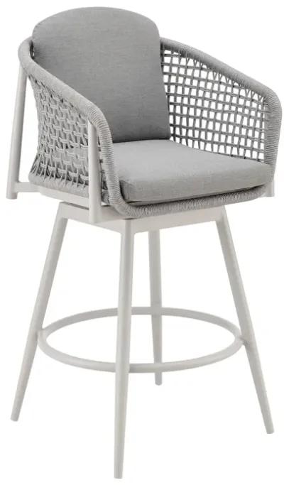 Rhodes Outdoor Patio Swivel Counter Stool in Aluminum with Light Gray Rope and Cushions