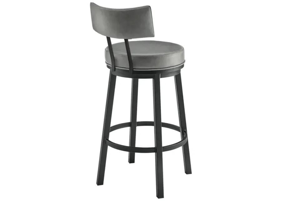 Dalza Swivel Counter or Bar Stool in Black Finish with Gray Faux Leather