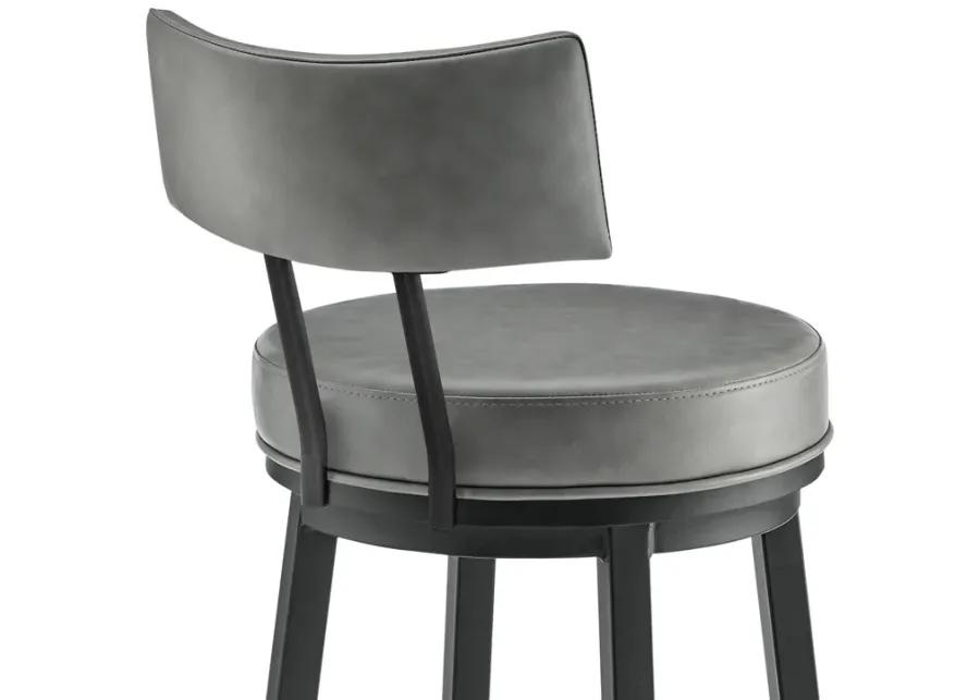 Dalza Swivel Counter or Bar Stool in Black Finish with Gray Faux Leather