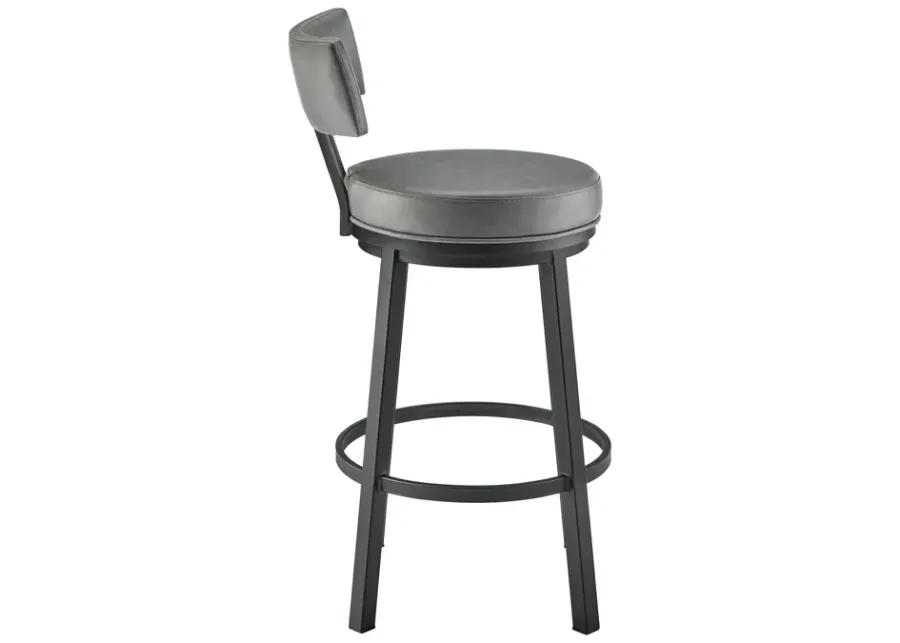 Dalza Swivel Counter or Bar Stool in Black Finish with Gray Faux Leather