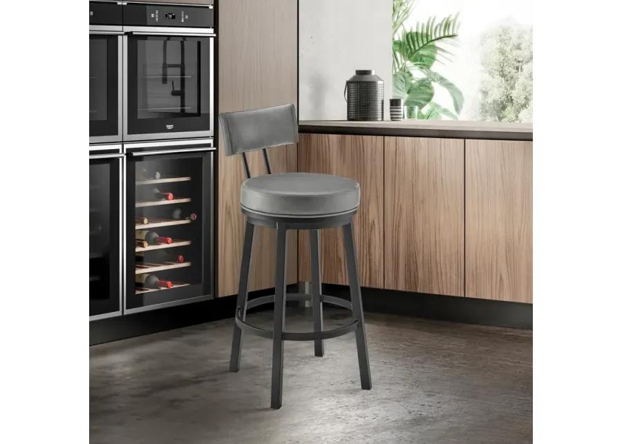 Dalza Swivel Counter or Bar Stool in Black Finish with Gray Faux Leather