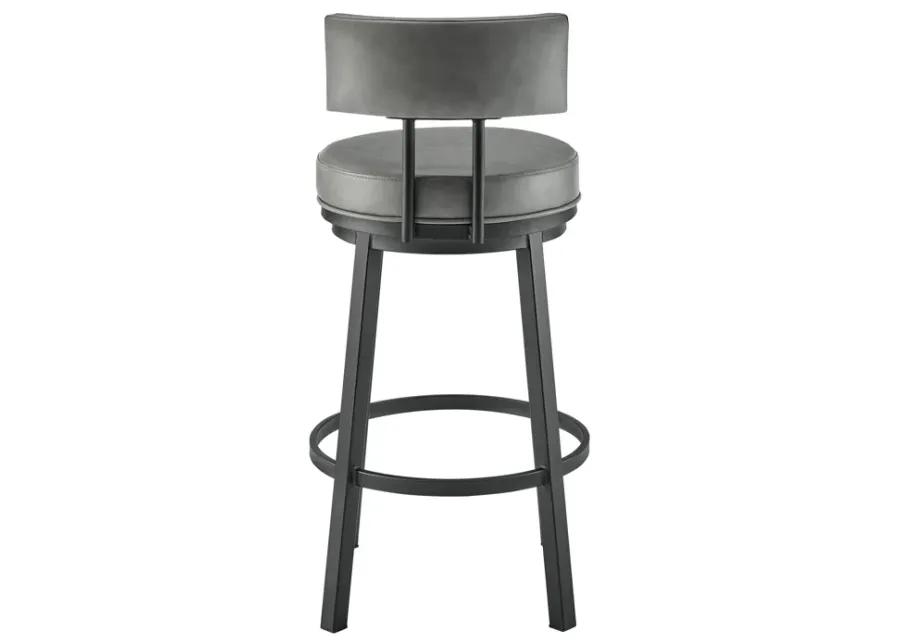 Dalza Swivel Counter or Bar Stool in Black Finish with Gray Faux Leather