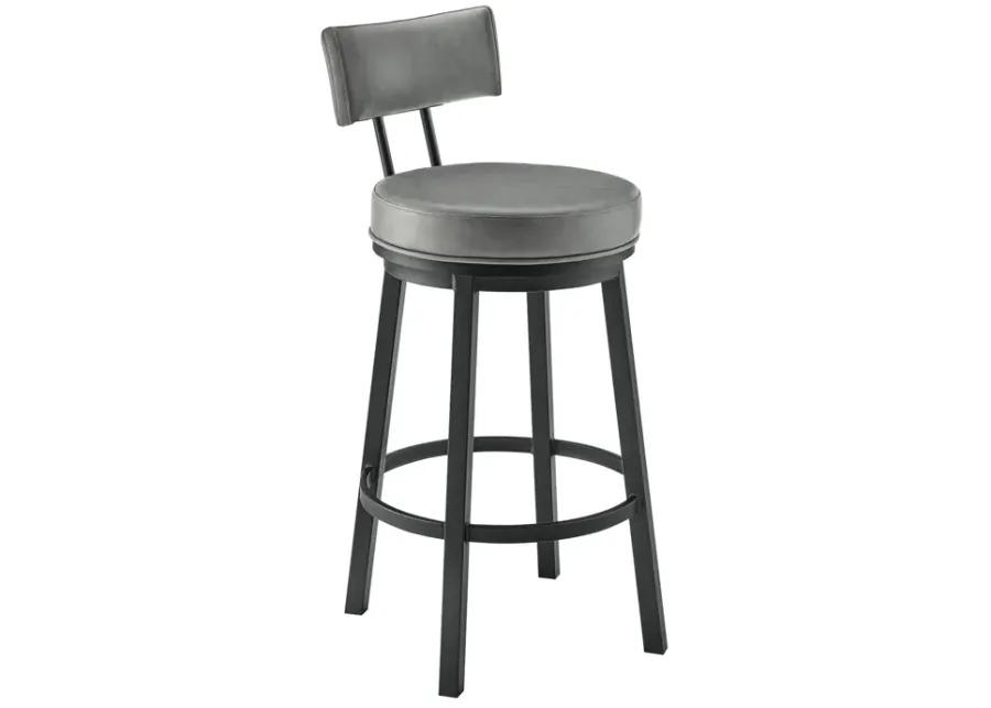 Dalza Swivel Counter or Bar Stool in Black Finish with Gray Faux Leather