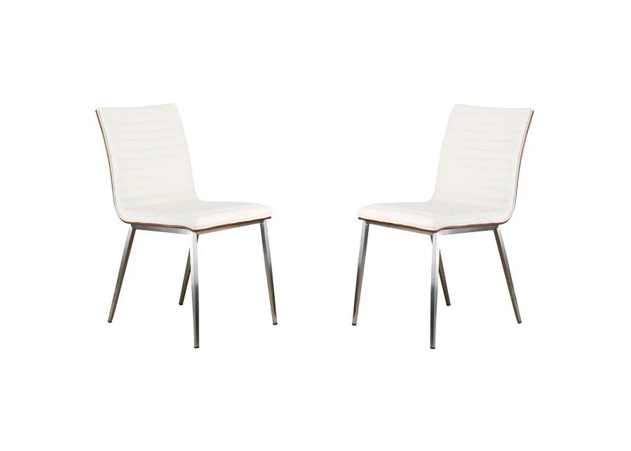 Caf� Brushed Stainless Steel Dining Chair in White Faux Leather with Walnut Back - Set of 2