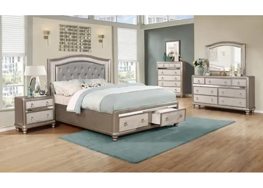 Bling Game Upholstered Storage Eastern King Bed Metallic Platinum