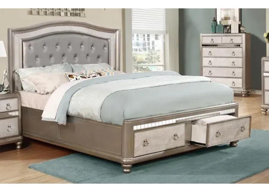 Bling Game Upholstered Storage Eastern King Bed Metallic Platinum