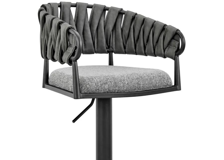 Blaise Adjustable Swivel Counter or Bar Stool in Black Metal with Gray Fabric and Faux Leather