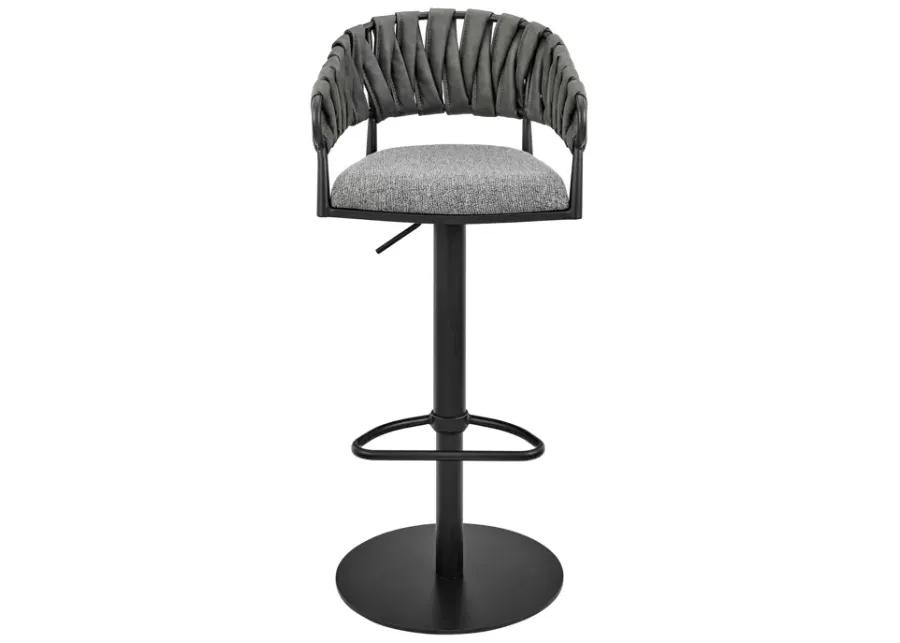 Blaise Adjustable Swivel Counter or Bar Stool in Black Metal with Gray Fabric and Faux Leather