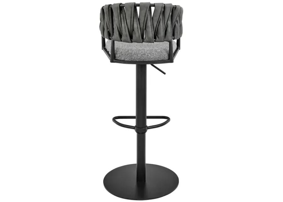 Blaise Adjustable Swivel Counter or Bar Stool in Black Metal with Gray Fabric and Faux Leather