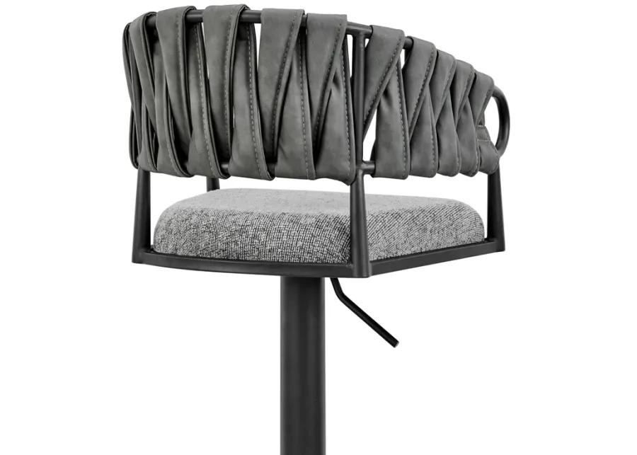 Blaise Adjustable Swivel Counter or Bar Stool in Black Metal with Gray Fabric and Faux Leather