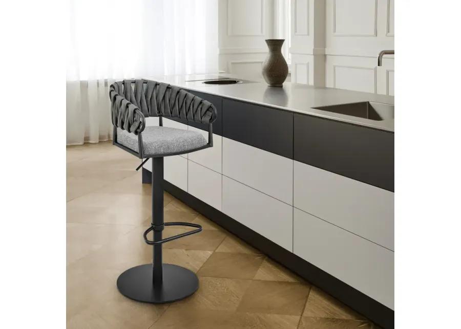 Blaise Adjustable Swivel Counter or Bar Stool in Black Metal with Gray Fabric and Faux Leather