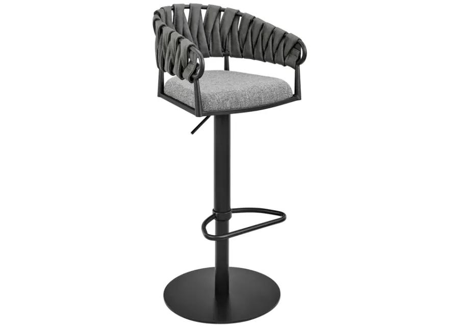 Blaise Adjustable Swivel Counter or Bar Stool in Black Metal with Gray Fabric and Faux Leather