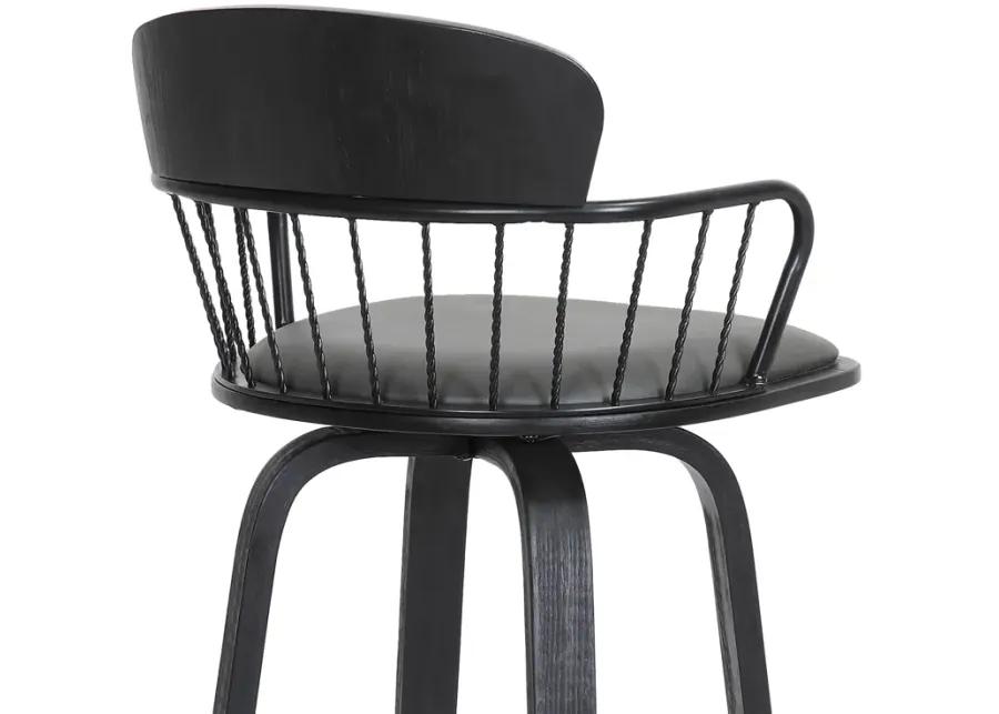 Willow 30" Swivel Black Wood Bar Stool in Gray Faux Leather with Black Metal