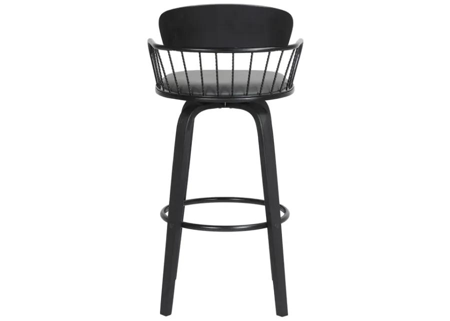 Willow 30" Swivel Black Wood Bar Stool in Gray Faux Leather with Black Metal