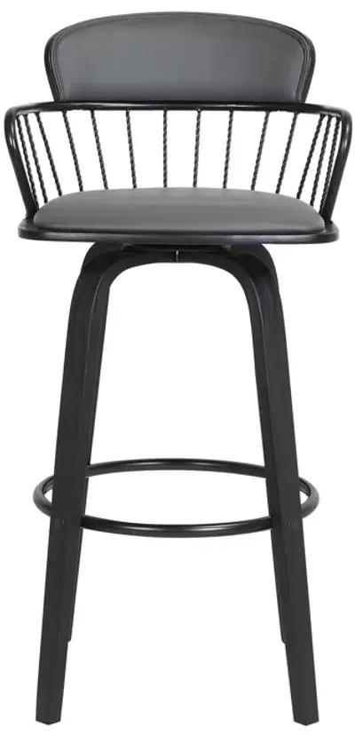 Willow 30" Swivel Black Wood Bar Stool in Gray Faux Leather with Black Metal