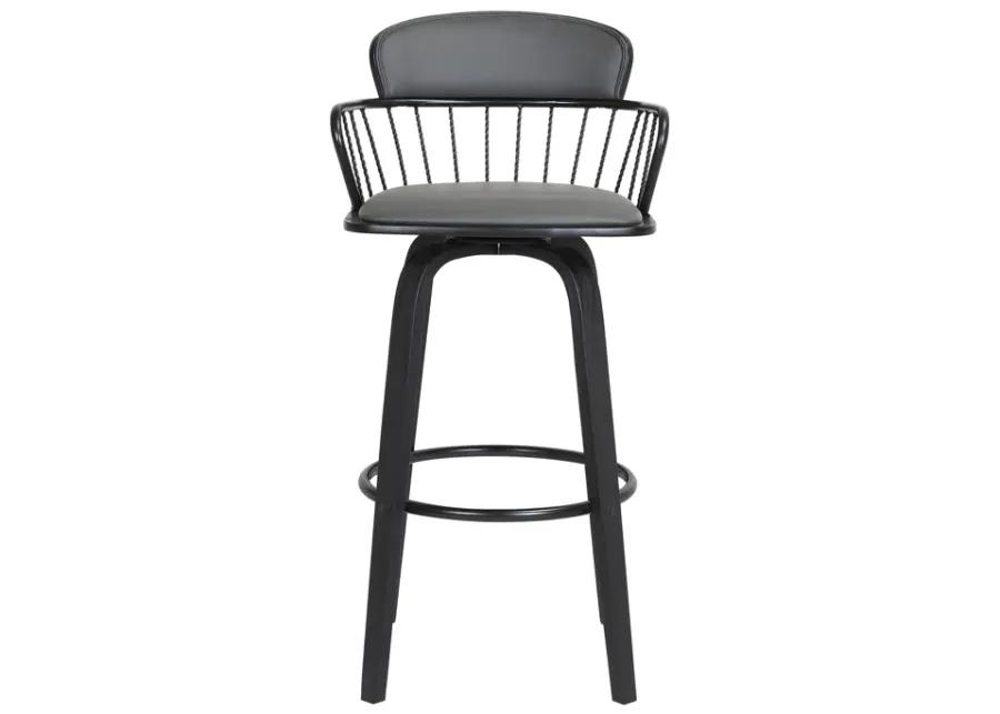 Willow 30" Swivel Black Wood Bar Stool in Gray Faux Leather with Black Metal