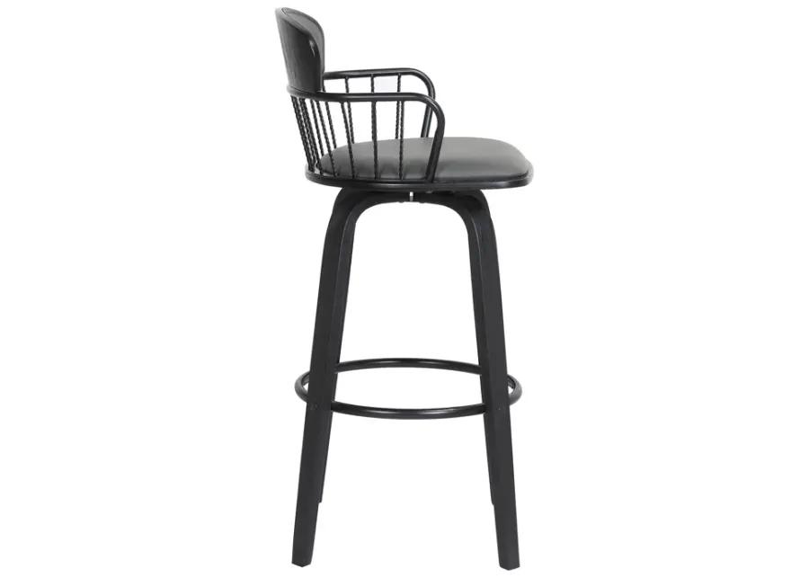 Willow 30" Swivel Black Wood Bar Stool in Gray Faux Leather with Black Metal