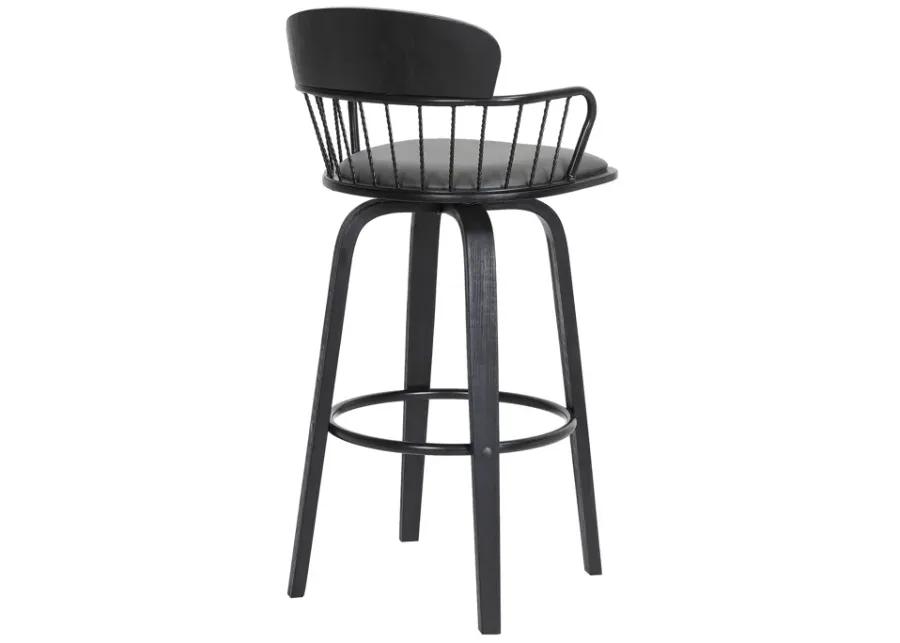 Willow 30" Swivel Black Wood Bar Stool in Gray Faux Leather with Black Metal