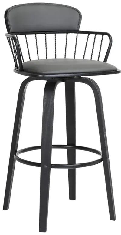 Willow 30" Swivel Black Wood Bar Stool in Gray Faux Leather with Black Metal