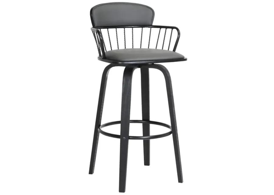 Willow 30" Swivel Black Wood Bar Stool in Gray Faux Leather with Black Metal