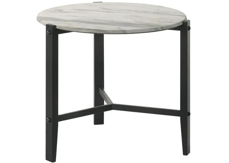 Tandi Round End Table Faux White Marble and Black