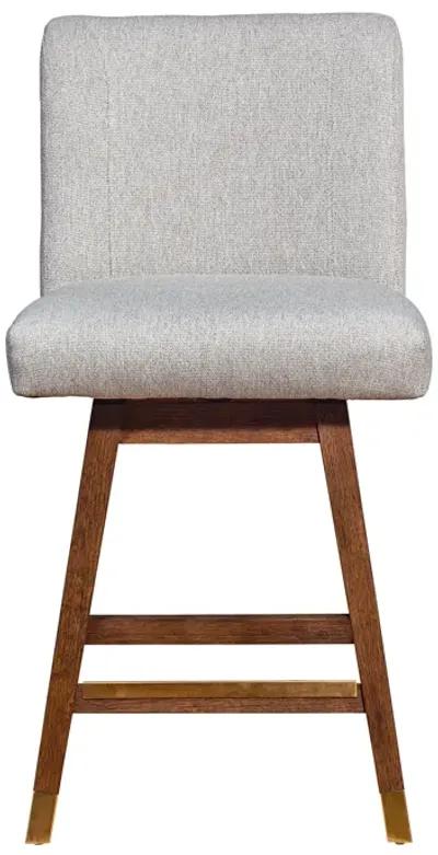 Basila Swivel Counter Stool in Brown Oak Wood Finish with Taupe Fabric