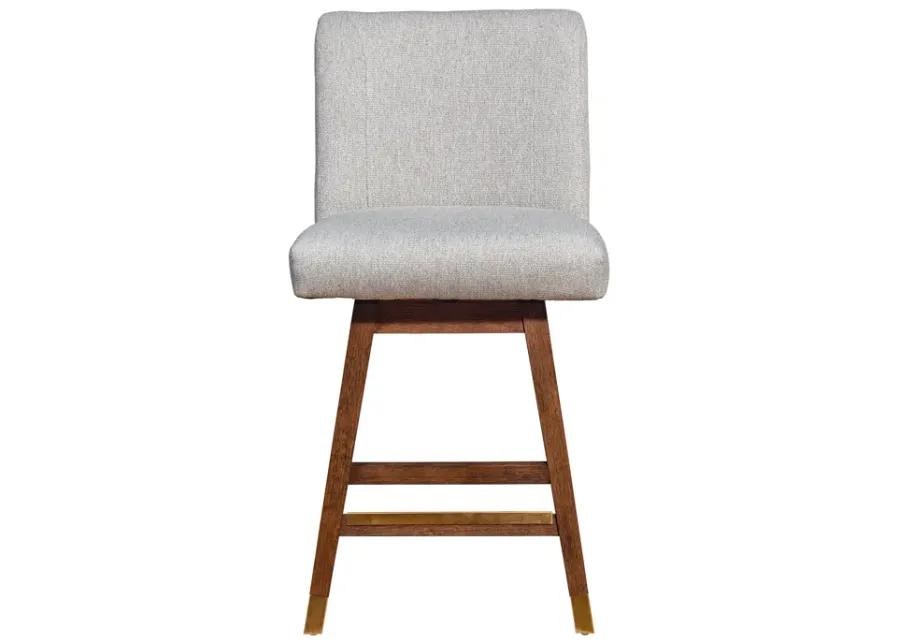 Basila Swivel Counter Stool in Brown Oak Wood Finish with Taupe Fabric