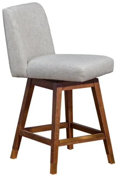 Basila Swivel Counter Stool in Brown Oak Wood Finish with Taupe Fabric