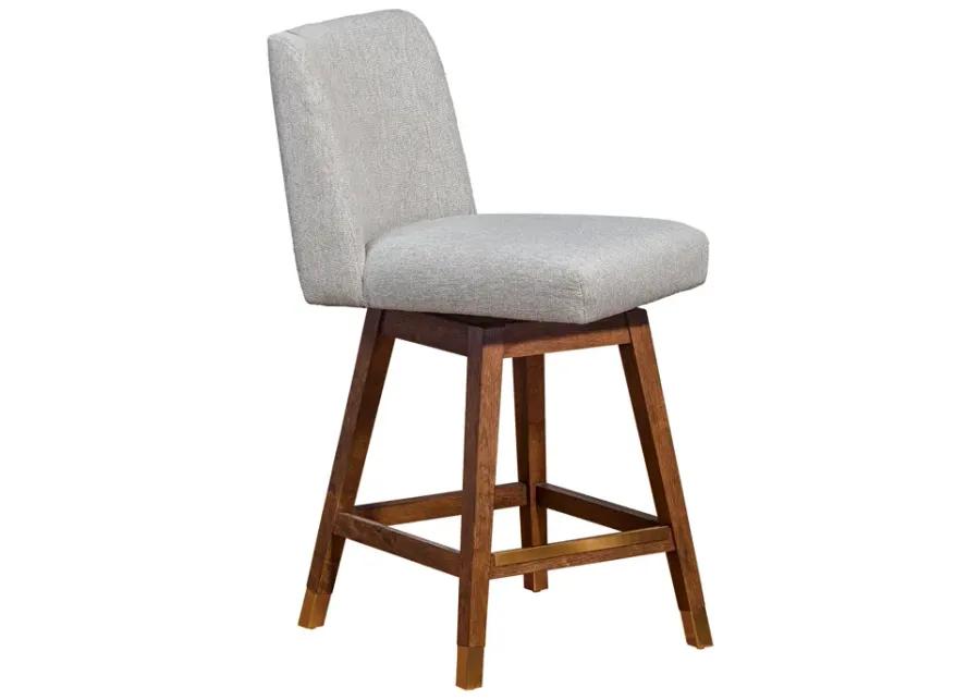 Basila Swivel Counter Stool in Brown Oak Wood Finish with Taupe Fabric